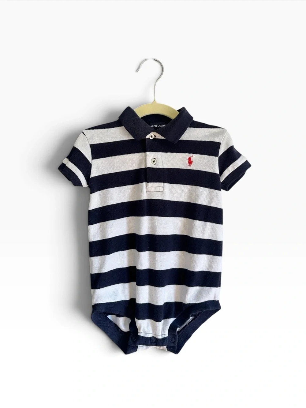 Ralph Lauren Baby Boy 3-6M Navy White Striped Polo Bodysuit Red Pony